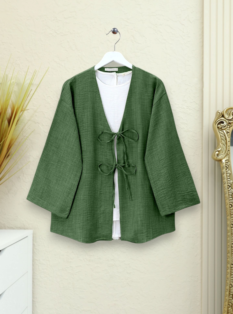 Podyumplus Koyu Yeşil Önü Bağcıklı Keten Kimono