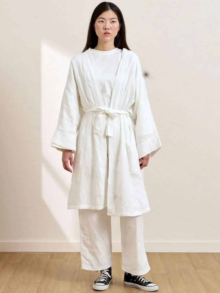 Ceylan Otantik Beyaz Fistolu Müslin Uzun Kimono & Pantolon Takım
