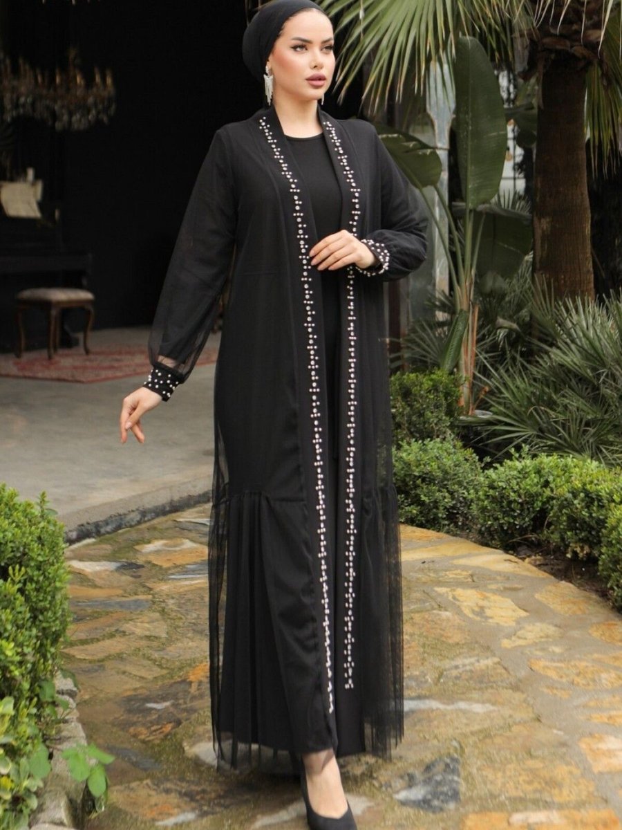 HİJABAYA Siyah Önü Taş Ve İnci Detaylı Beli Bağcıklı İkili Abaya