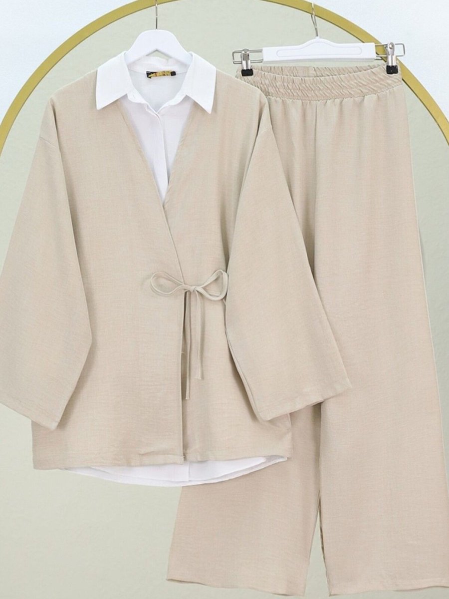 HİJABAYA Bej Önden Bağlamalı Pantolonlu Kimono İkili Takım