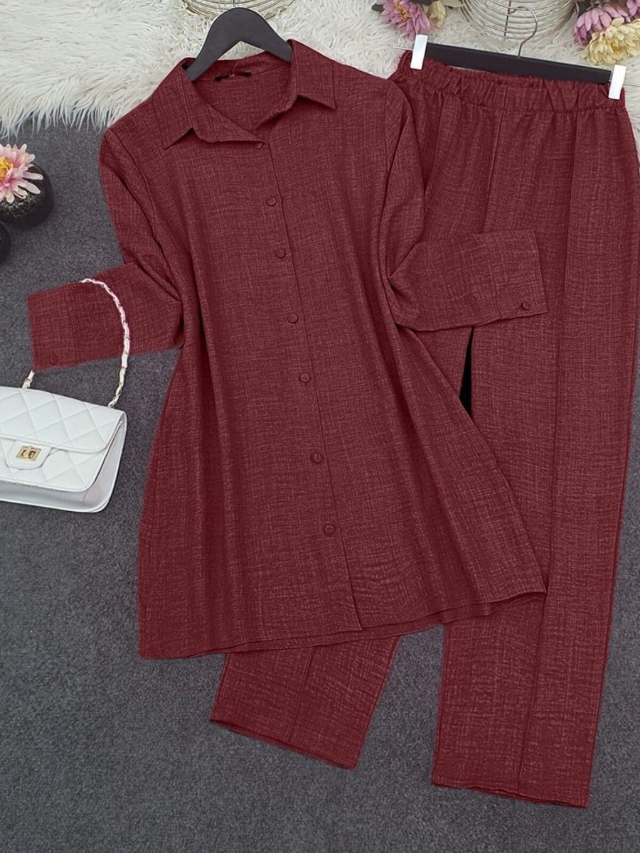 HİJABAYA Bordo Top Düğme Gömlek Pantolonlu İkili Takım