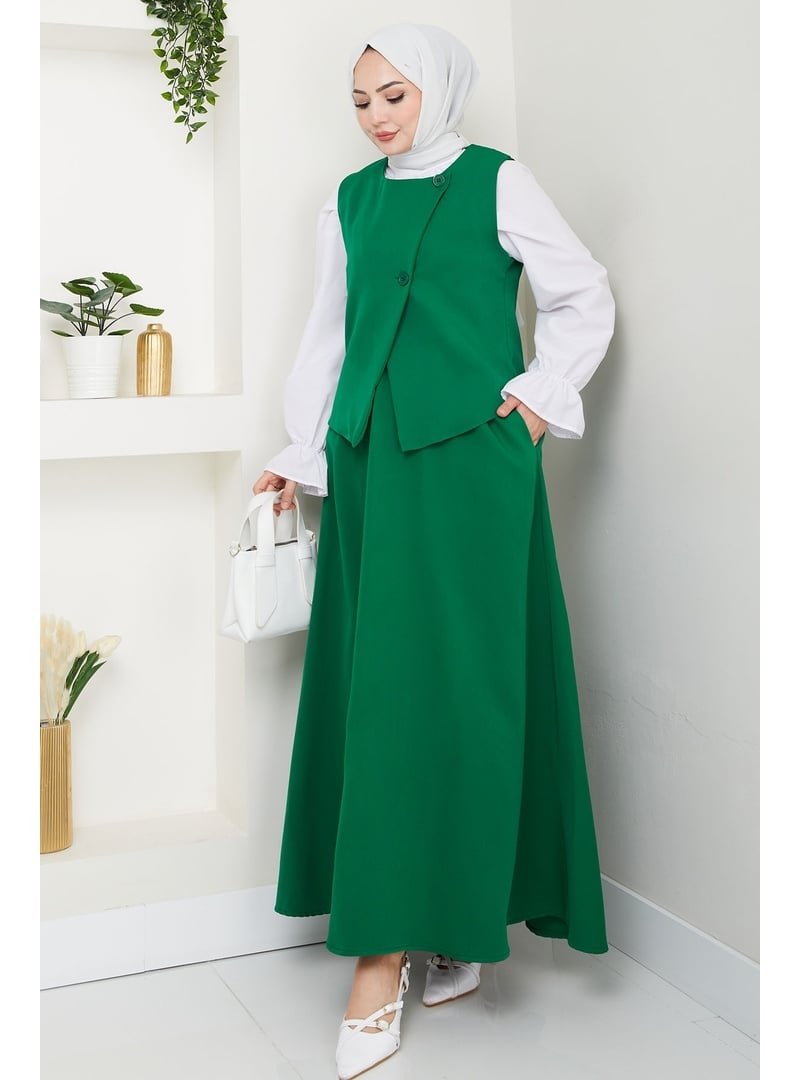 InStyle Zümrüt Yeşili Asimetrik Yelekli İkili Takım