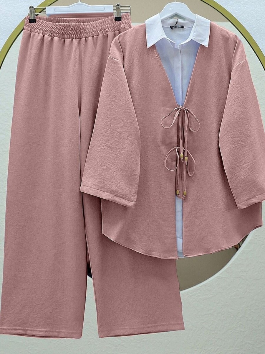 HİJABAYA Pudra Önü Çift Bağlamalı Pantolonlu Kimono İkili Takım