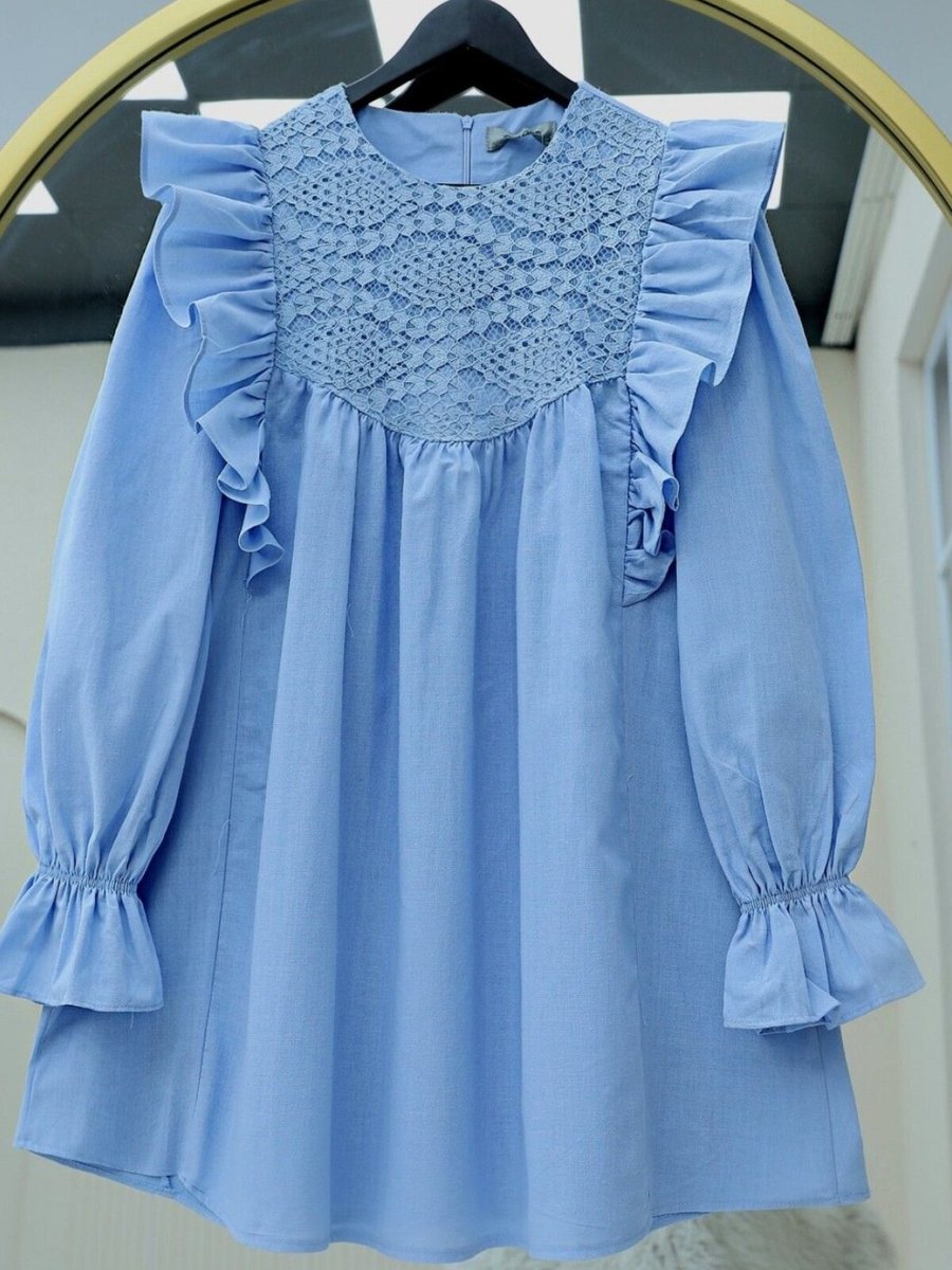 HİJABAYA Mavi Omuz Fırfırlı Robası Dantel İşlemeli Poplin Tunik
