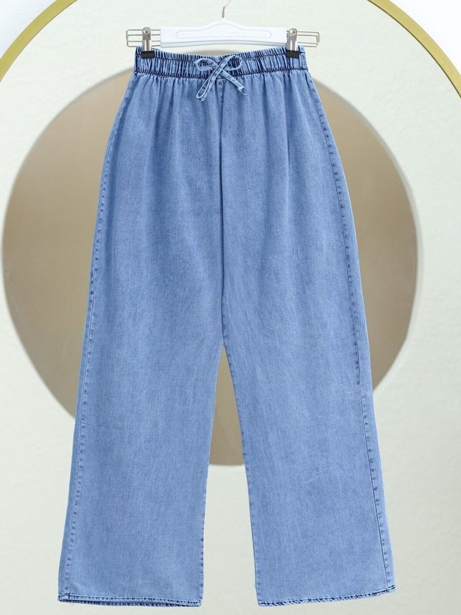 HİJABAYA Mavi Bol Paça Beli Lastikli Bağcık Detaylı Kot Pantolon
