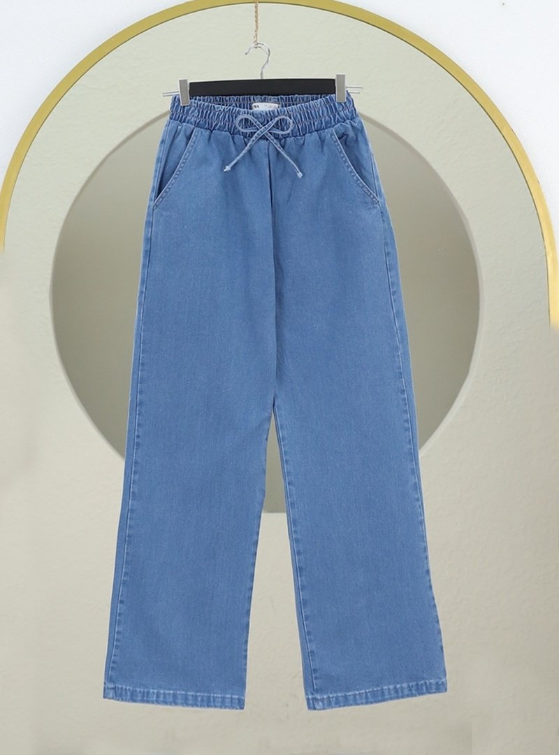 Podyumplus Mavi Beli Lastikli Cepli Bol Paça Kot Pantolon