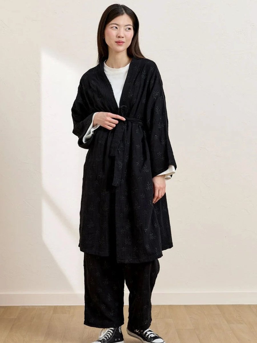 Ceylan Otantik Siyah Fistolu Müslin Uzun Kimono & Pantolon Takım