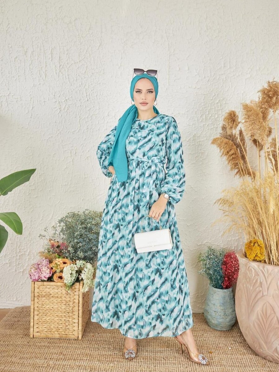 Nissra Yeşil Ankanoor Zebra Desenli Şifon Elbise