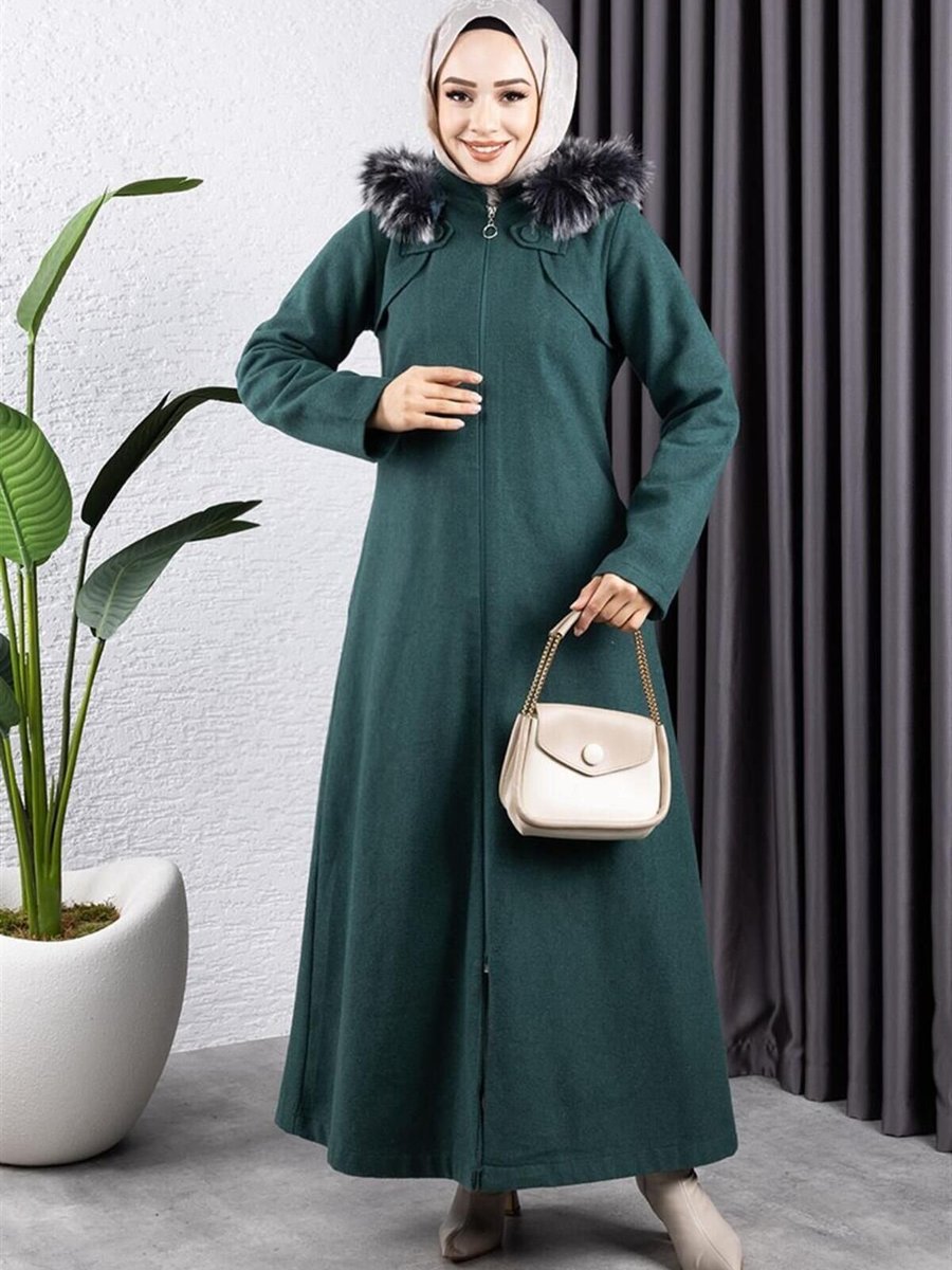 Mec Fashion Zümrüt Yeşili Kapüşonu Kürklü Kaşe Kaban