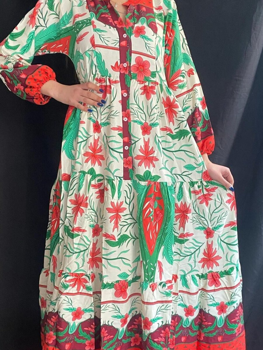 OlaLady Yeşil Viskon Kumaş Uzun Kollu Desenli Salaş Elbise