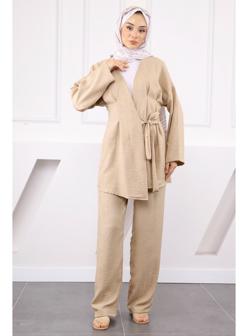 İmaj Butik Vizon Çapraz Bağlamalı Keten Kimono Pantolon Takım
