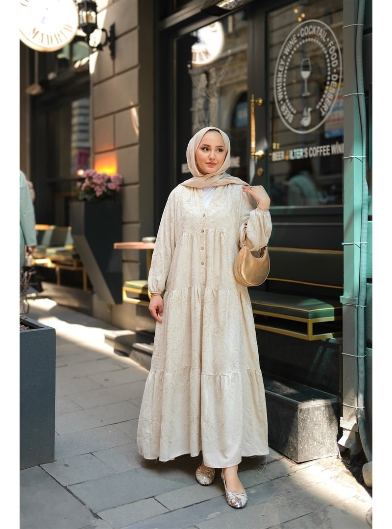 Locco Moda Krem Tyess Desenli Elbise