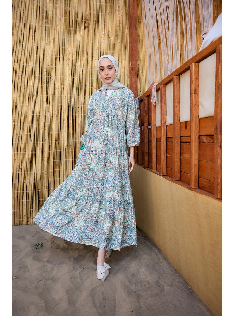 Locco Moda Yeşil Etnik Çicek Desenli Elbise