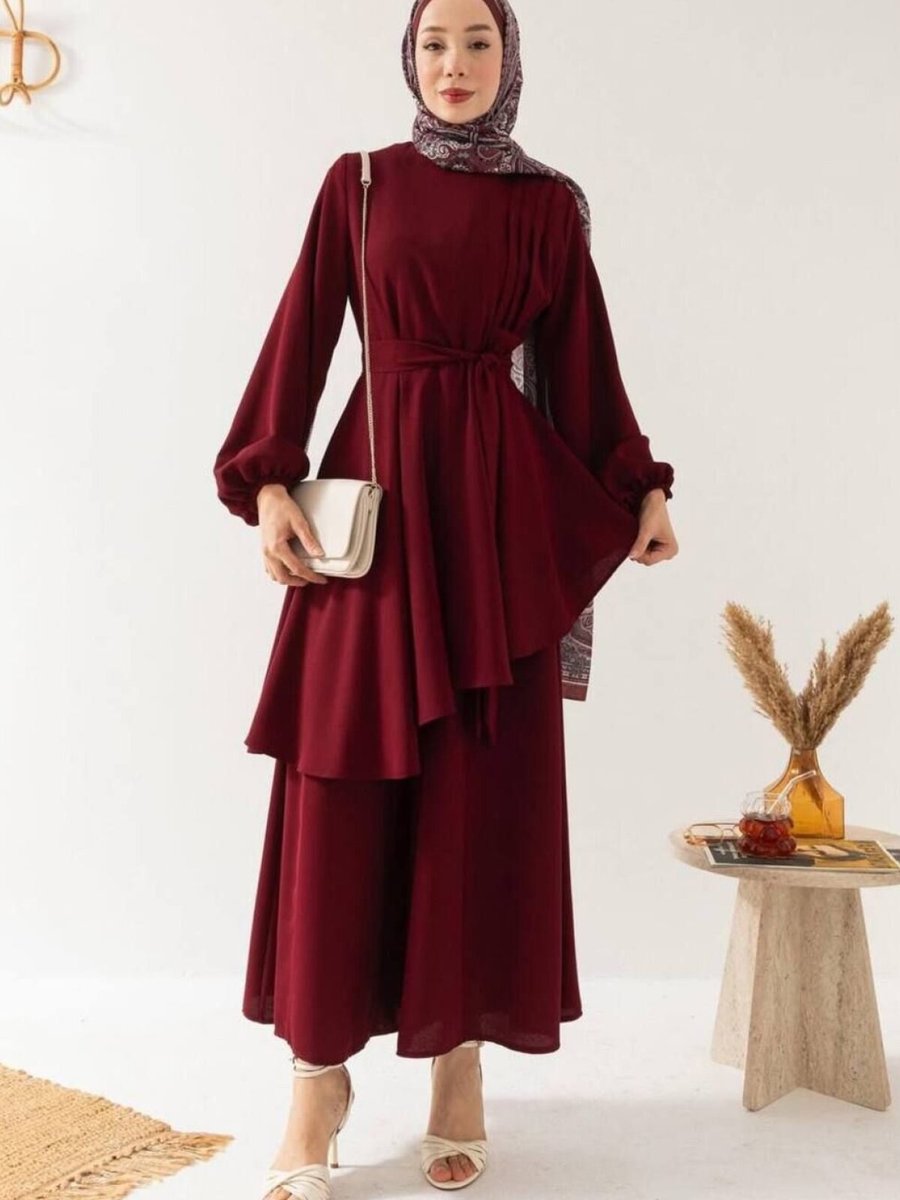OlaLady Bordo Asimetrik Kloş Tunikli Pantolon Bluz İkili Takım