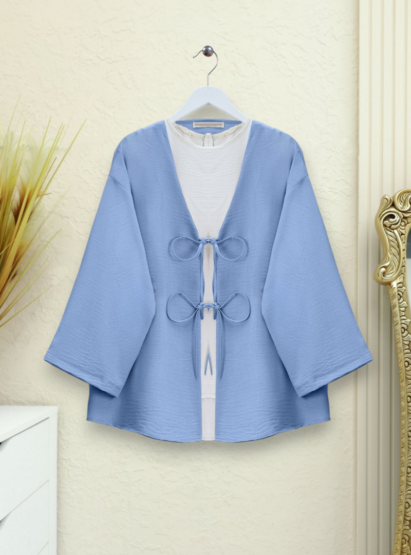 Podyumplus Açık Mavi Önü Bağcıklı Keten Kimono