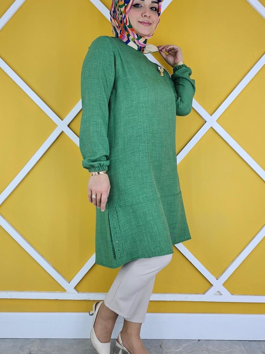 MYSTİL Benetton Broş Detaylı Ve Etek Ucu Taş Tunik