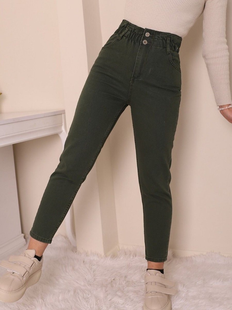 HİJABAYA Haki Beli Lastikli Yüksek Bel Kot Pantolon