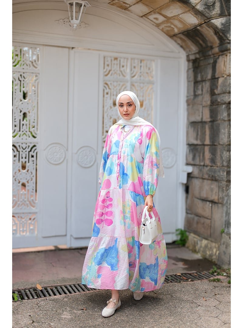 Locco Moda Beyaz Yaprak Desen Elbise