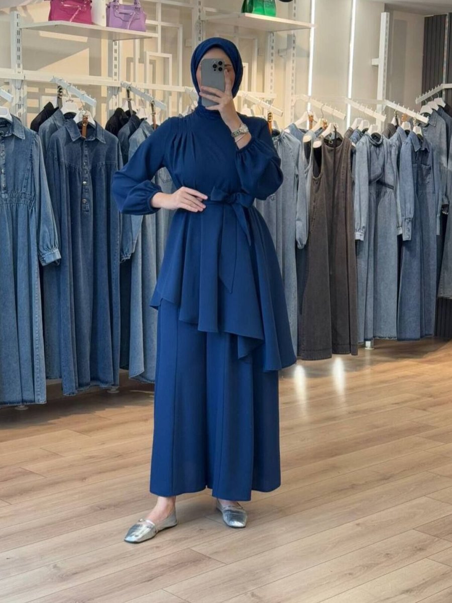 OlaLady Lacivert Asimetrik Kloş Tunikli Pantolon Bluz İkili Takım