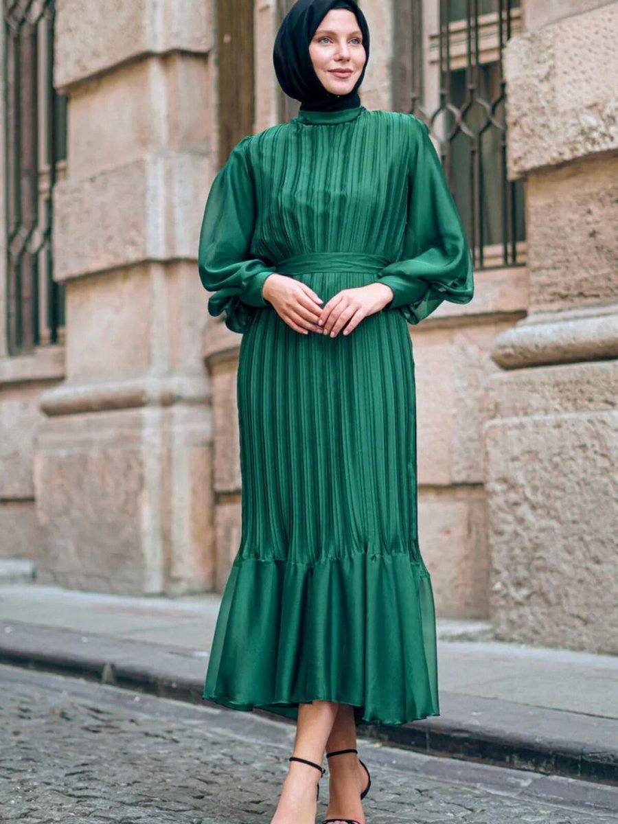 Mec Fashion Yeşil Pileli Kemerli Elbise