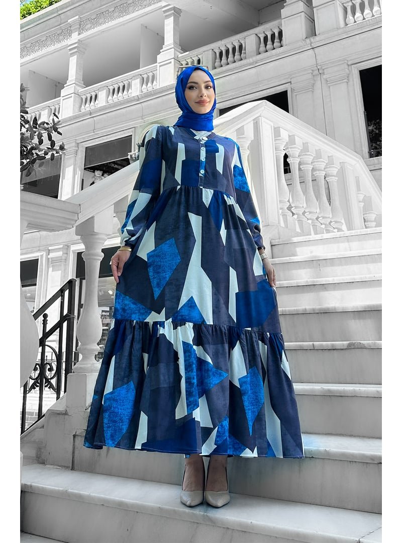 Liz Butik Lacivert Alya Desenli Viskon Elbise