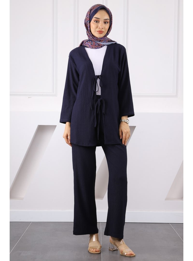 İmaj Butik Lacivert Ön Bağlamalı Bürümcük Kimono Pantolonlu Takım