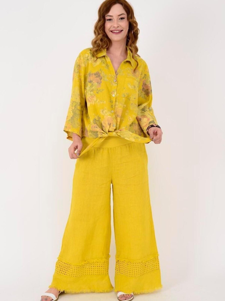 EREN STYLE Sarı İtalyan Fisto Detaylı Keten Pantolon