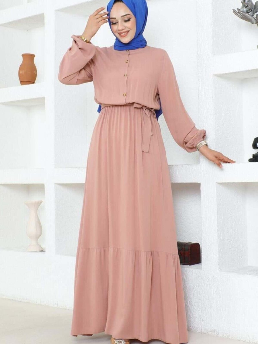 Mec Fashion Pudra Düğme Detaylı Viskon Elbise
