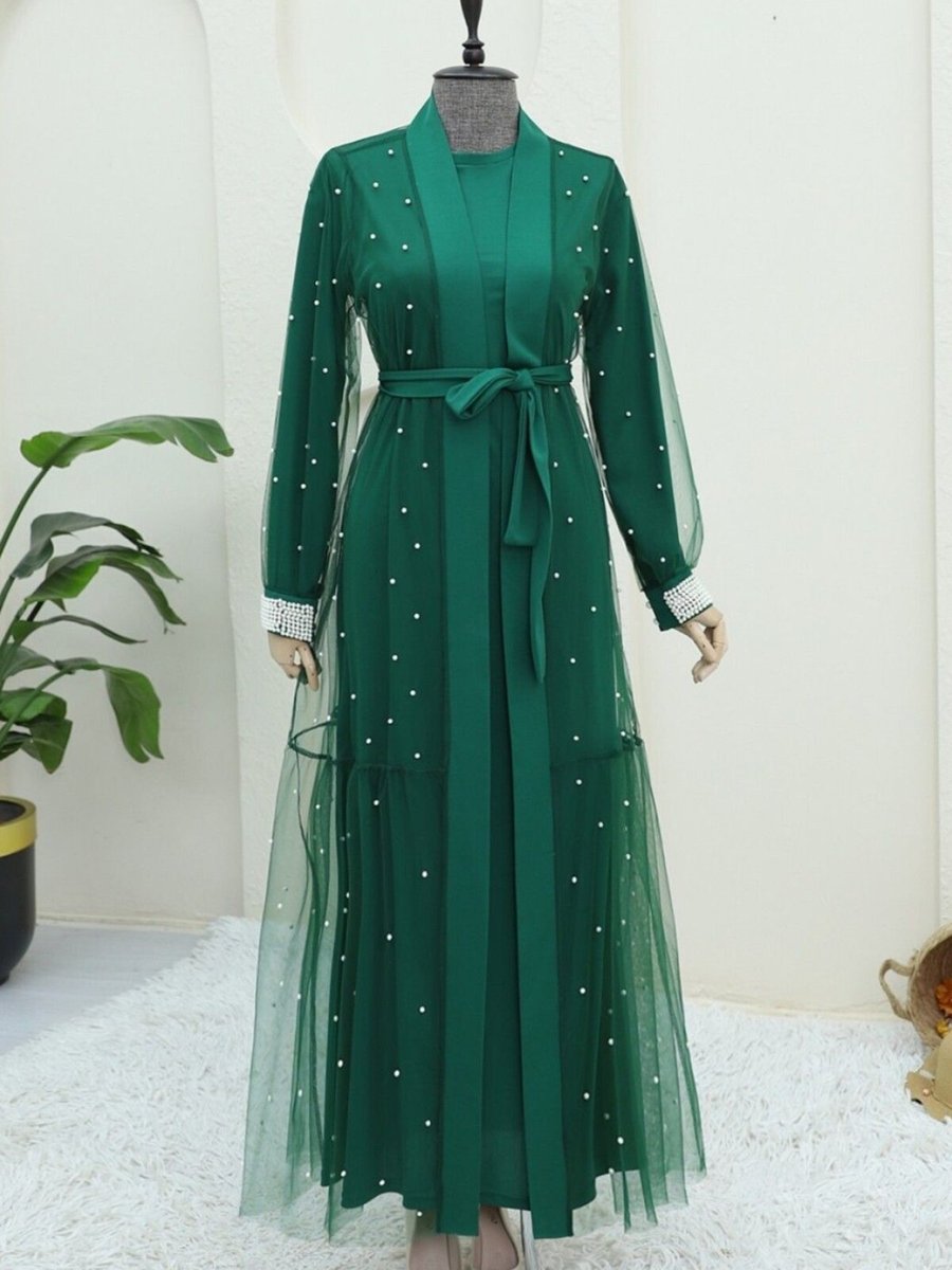 HİJABAYA Yeşil İnci Detaylı Kuşaklı İkili Abaya
