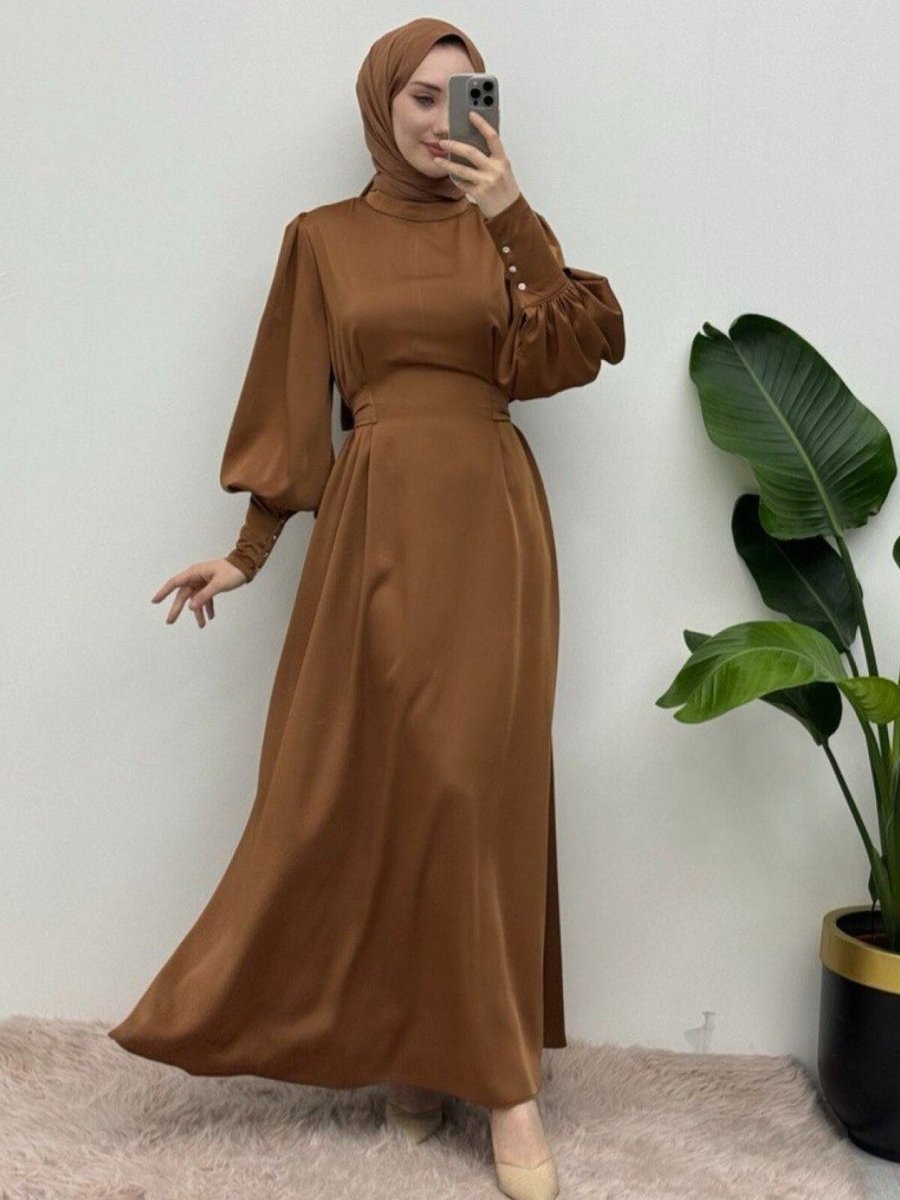 HİJABAYA Taba Uzun Manşetli Belden Bağlamalı Saten Balon Kol Abiye Elbise HİJABAYA Taba Uzun Manşetli Belden Bağlamalı Saten Balon Kol Abiye Elbise