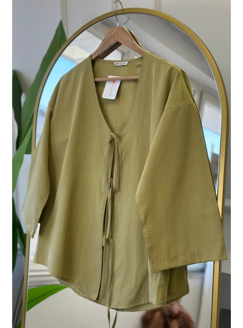 İmaj Butik Yağ Yeşili Ön Bağlamalı Kimono Tunik