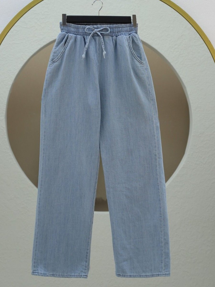 HİJABAYA Buz Mavi Beli Lastikli Cepli Bol Paça Kot Pantolon