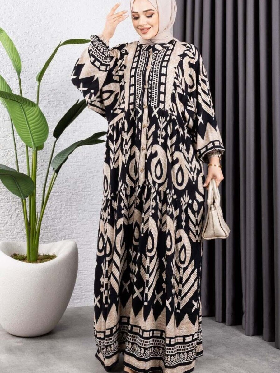 Mec Fashion Siyah Etnik Desen Viskon Elbise