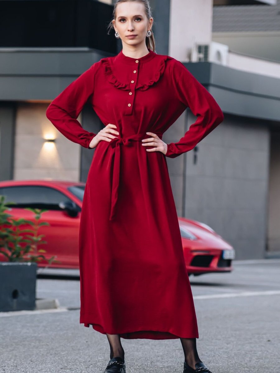 Mec Fashion Bordo Önü Düğmeli Kuşaklı Yakası Fırfırlı Ayrobin Elbise