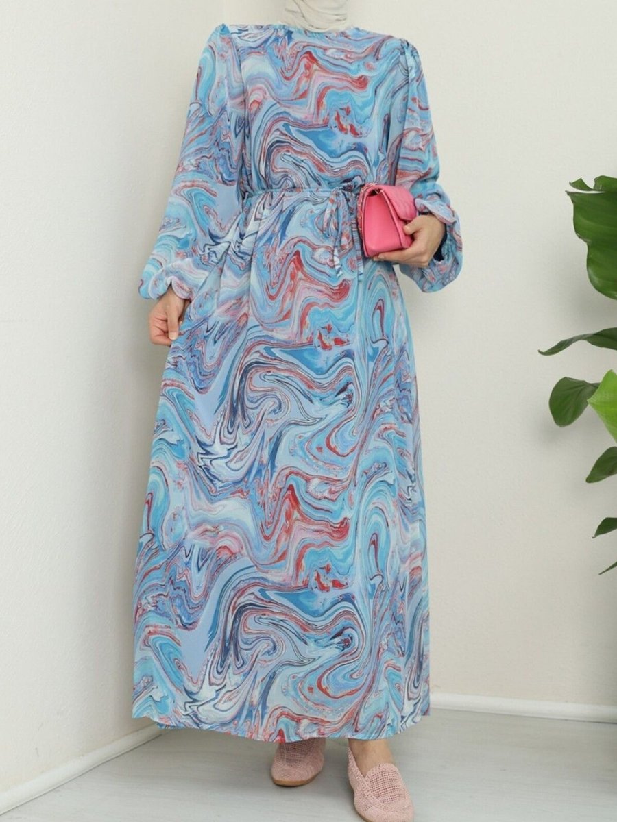 HİJABAYA Mavi Batik Baskılı Astarlı Şifon Elbise