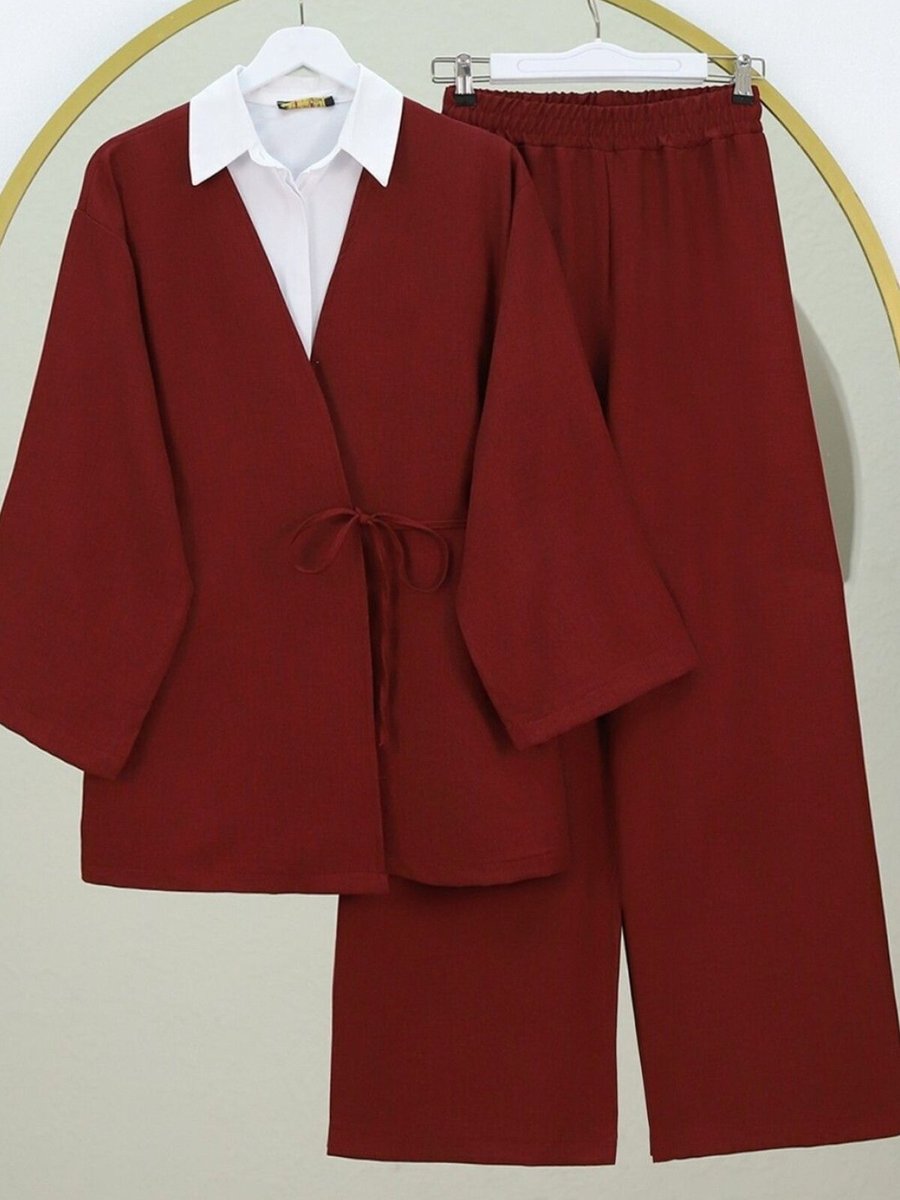 HİJABAYA Bordo Önden Bağlamalı Pantolonlu Kimono İkili Takım