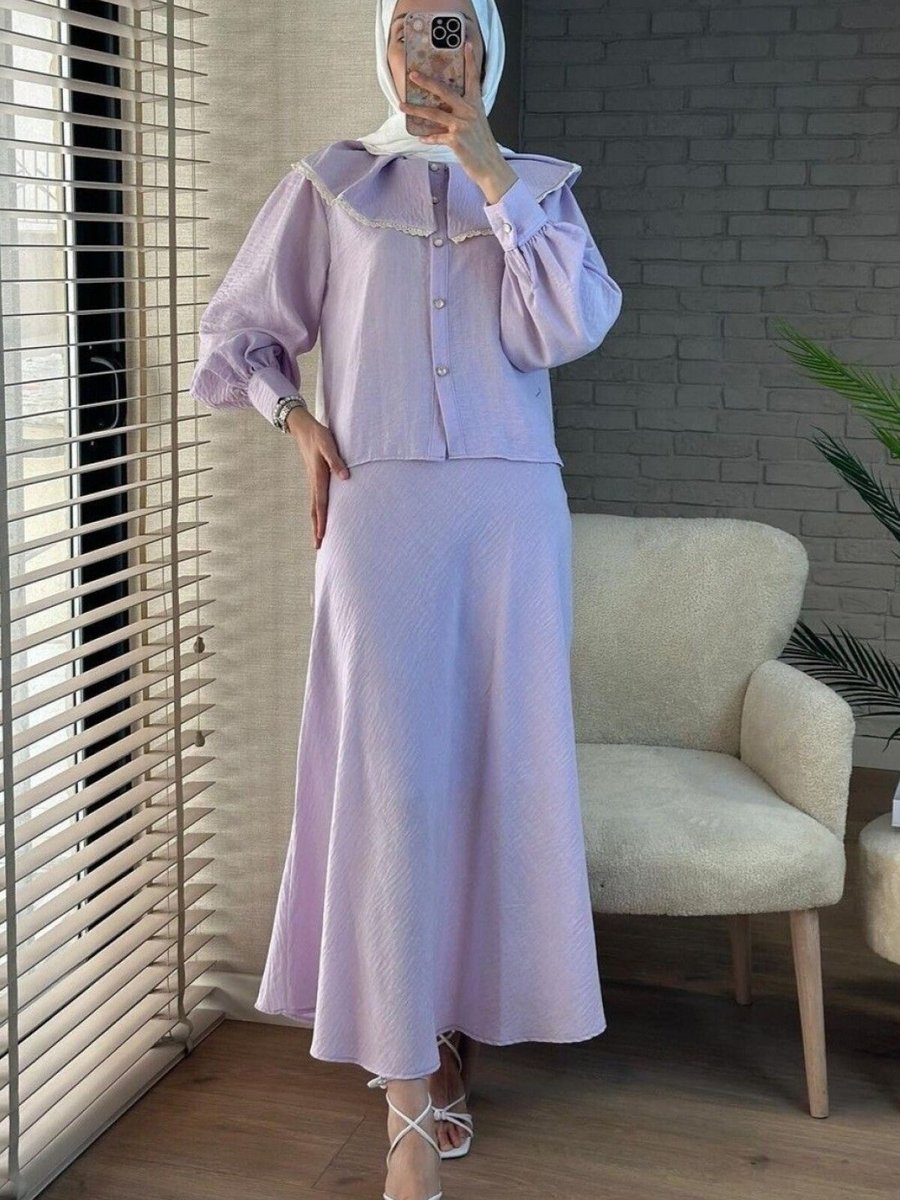 HİJABAYA Lila Dantelli Marul Yaka Saf Keten Etekli İkili Takım