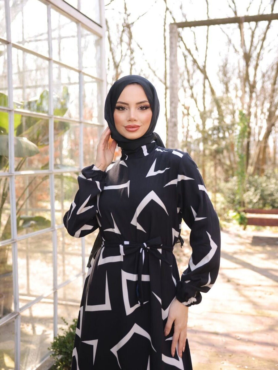 Nissra Siyah Ankanoor Asimetrik Desenli Viskon Elbise