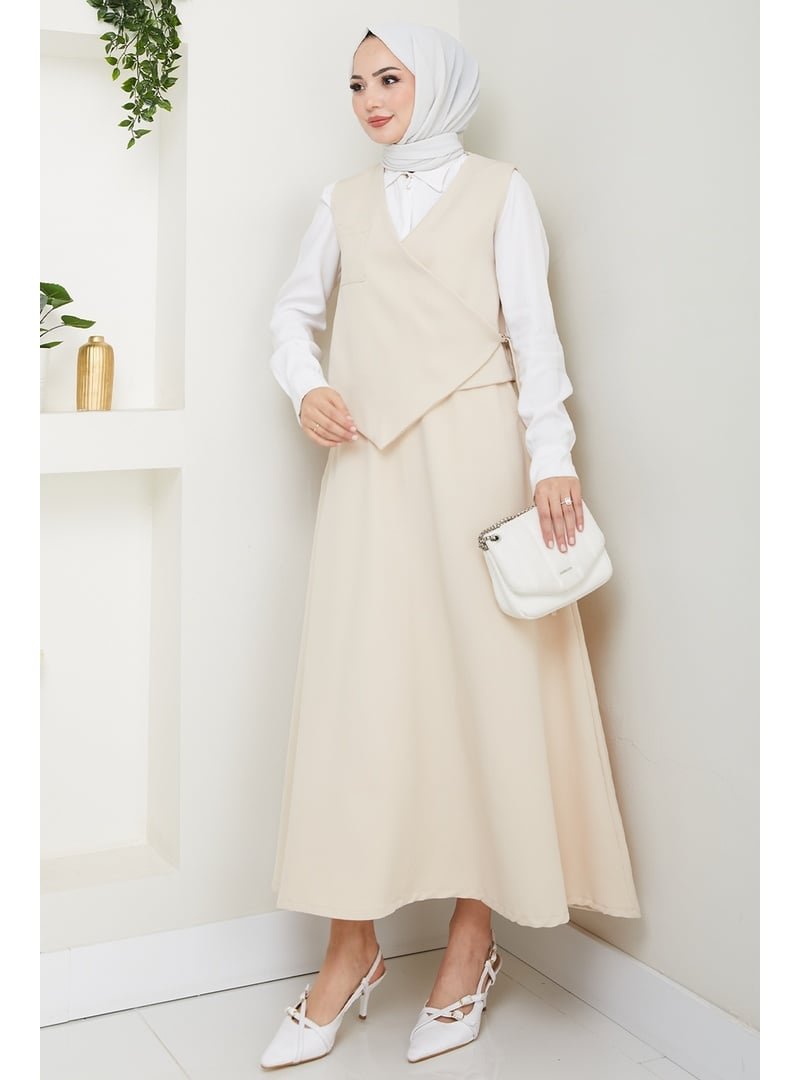 InStyle Çapraz Tek Cepli Ekru Yelekli Takım