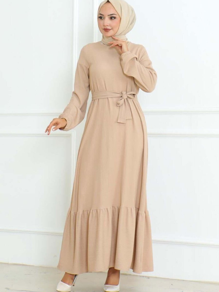 Mec Fashion Bej Eteği Fırfırlı Elbise