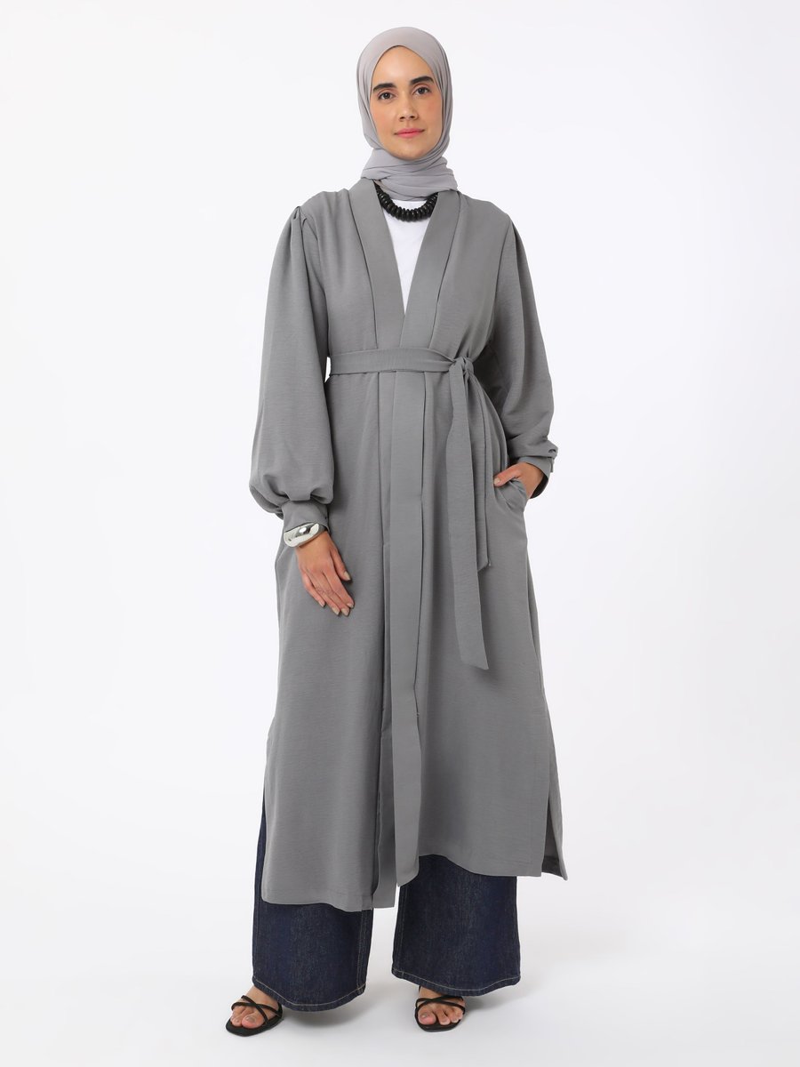 Refka Gri Bağlama Detaylı Abaya