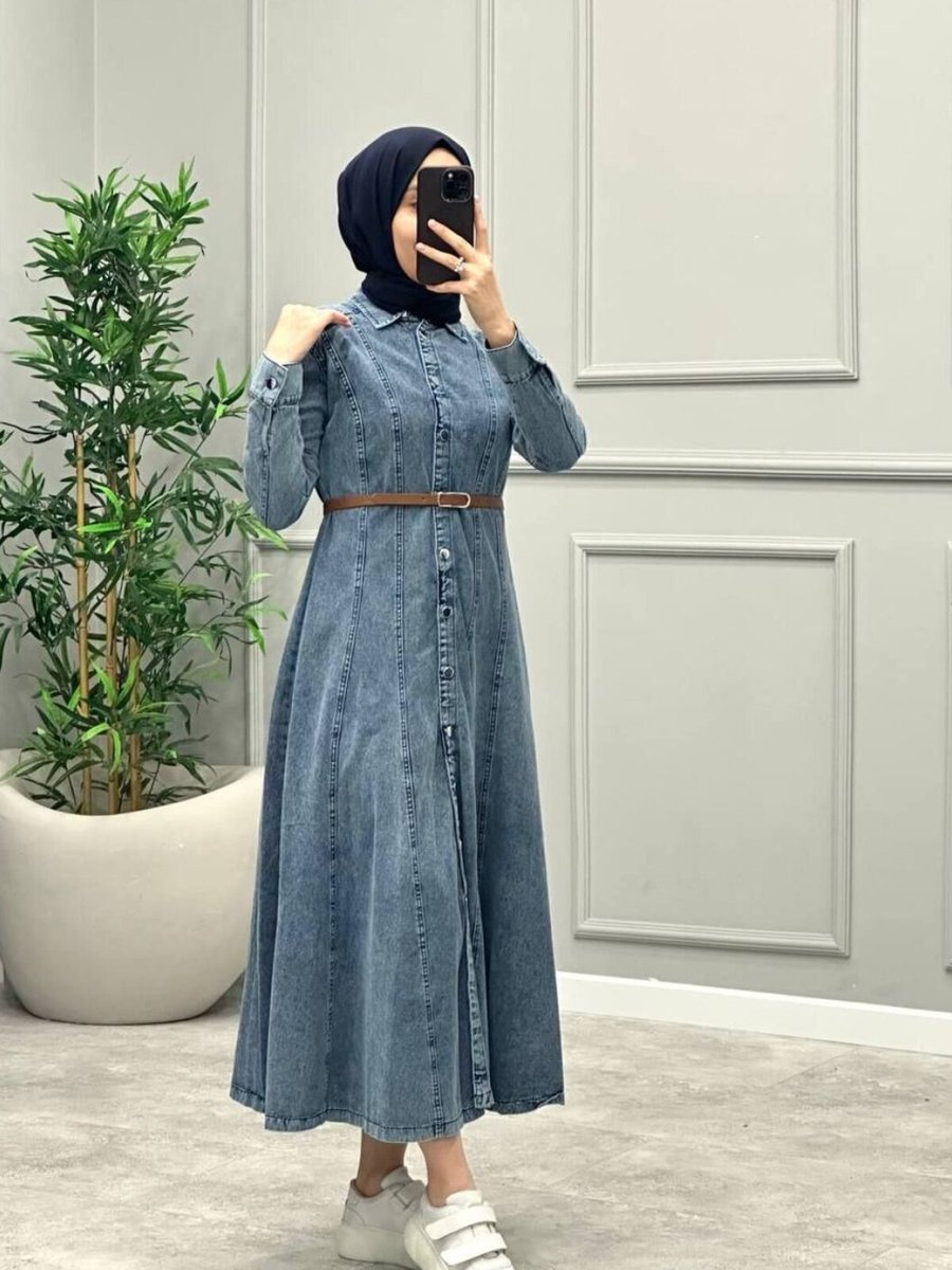 OlaLady Mavi Boydan Dikiş Detaylı Deri Kemerli Kot Elbise