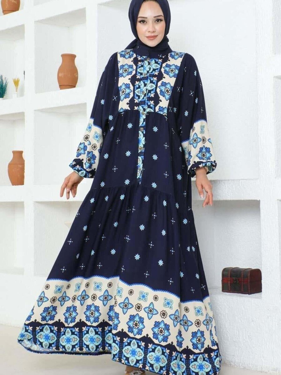 Mec Fashion Lacivert Otantik Desenli Viskon Elbise