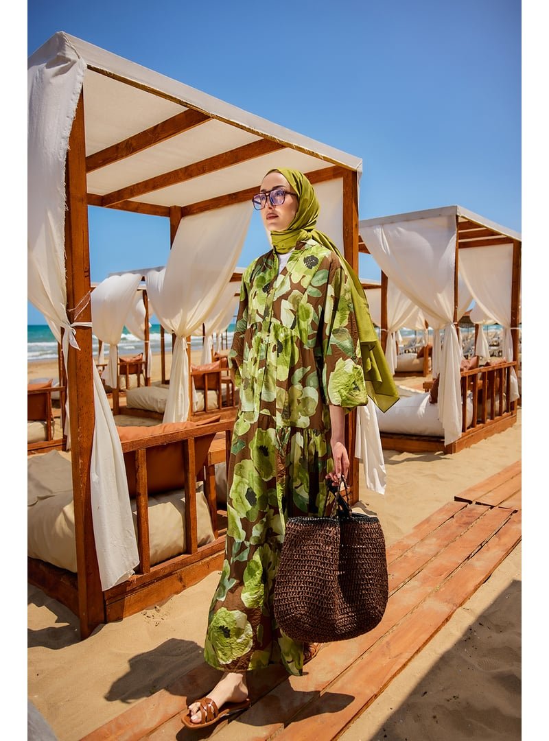 Locco Moda Yeşil Yaprak Desenli Elbise