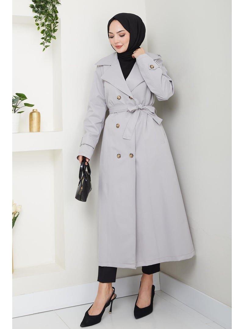 Harmatime butik Düğmeli Kuşaklı Gri Trençkot