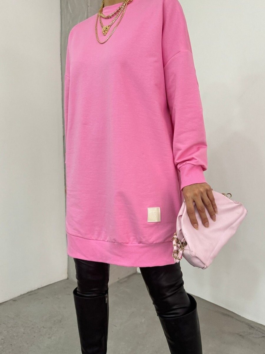 HİJABAYA Pembe Bisiklet Yaka Yırtmaçlı Armalı Sweat