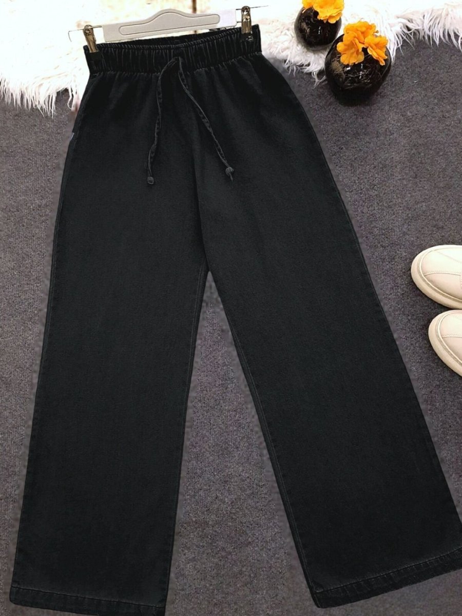 HİJABAYA Siyah Bol Paça Beli Lastikli Bağcık Detaylı Kot Pantolon