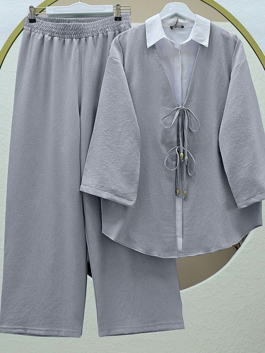 HİJABAYA Gri Önü Çift Bağlamalı Pantolonlu Kimono İkili Takım