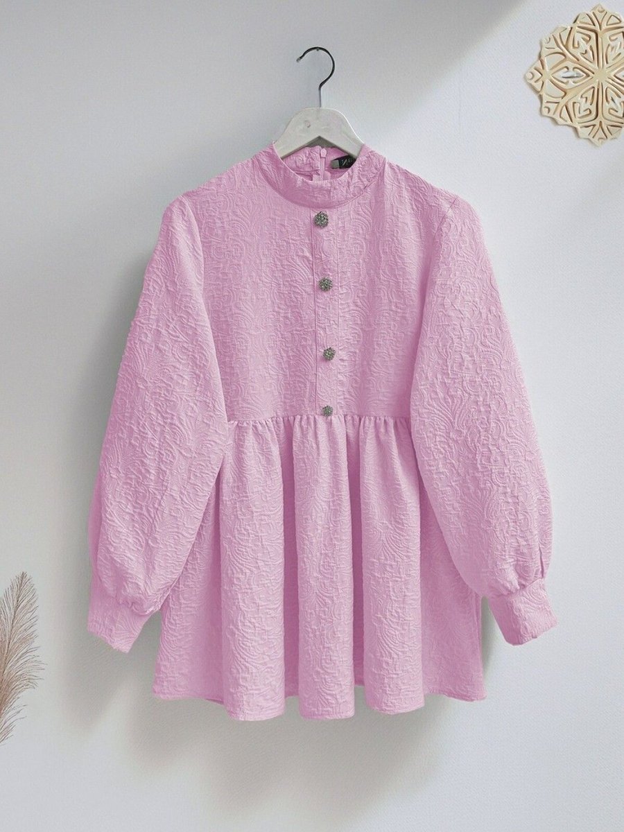 HİJABAYA Pembe Önü Taşlı Düğme Detaylı Parçalı Arkası Fermuarlı Tunik