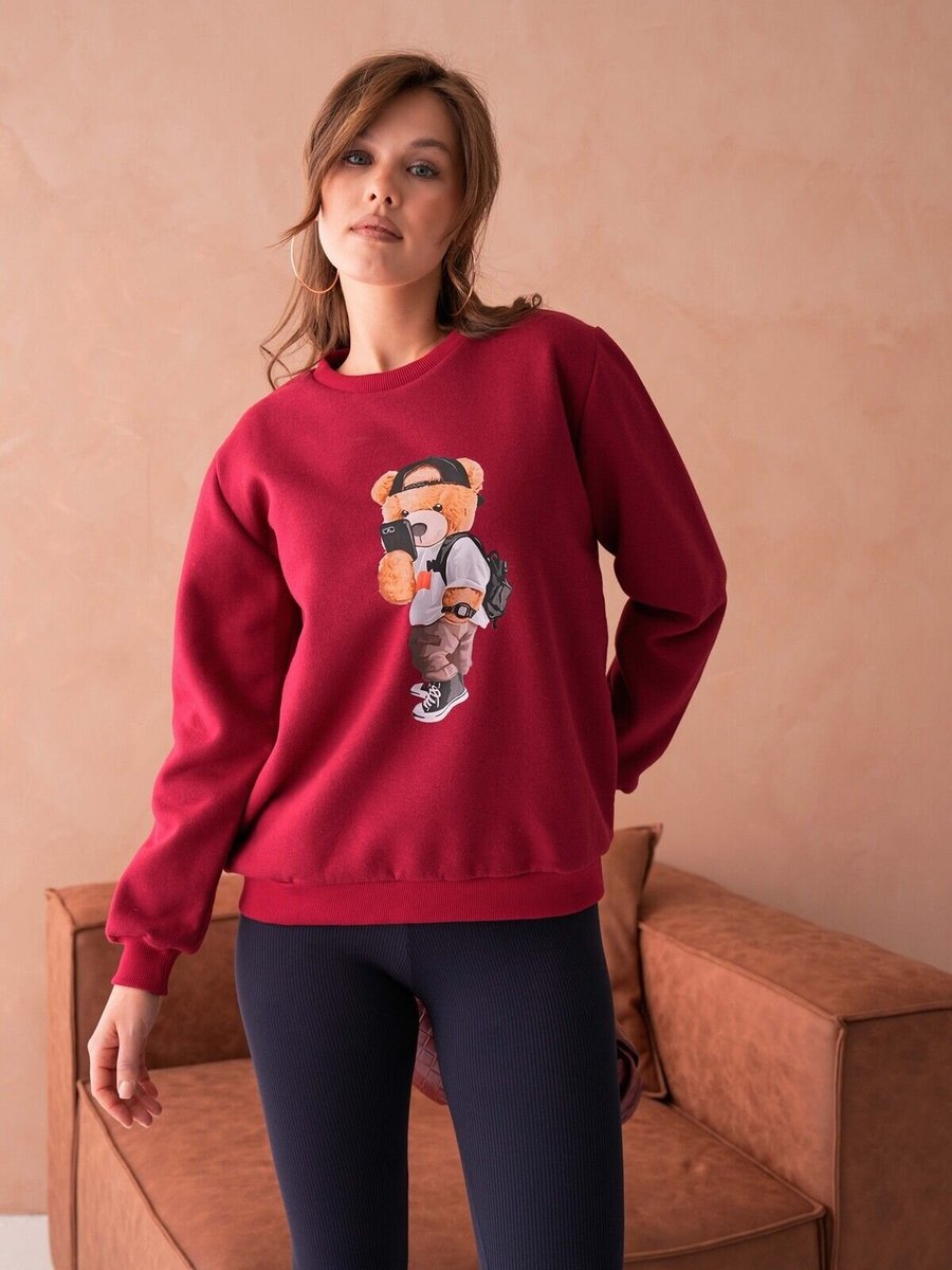 Moda Amore Bordo Teddy Bear Ayıcık Baskılı İplik Şardonlu Bisiklet Yaka Sweat Sweatshirt